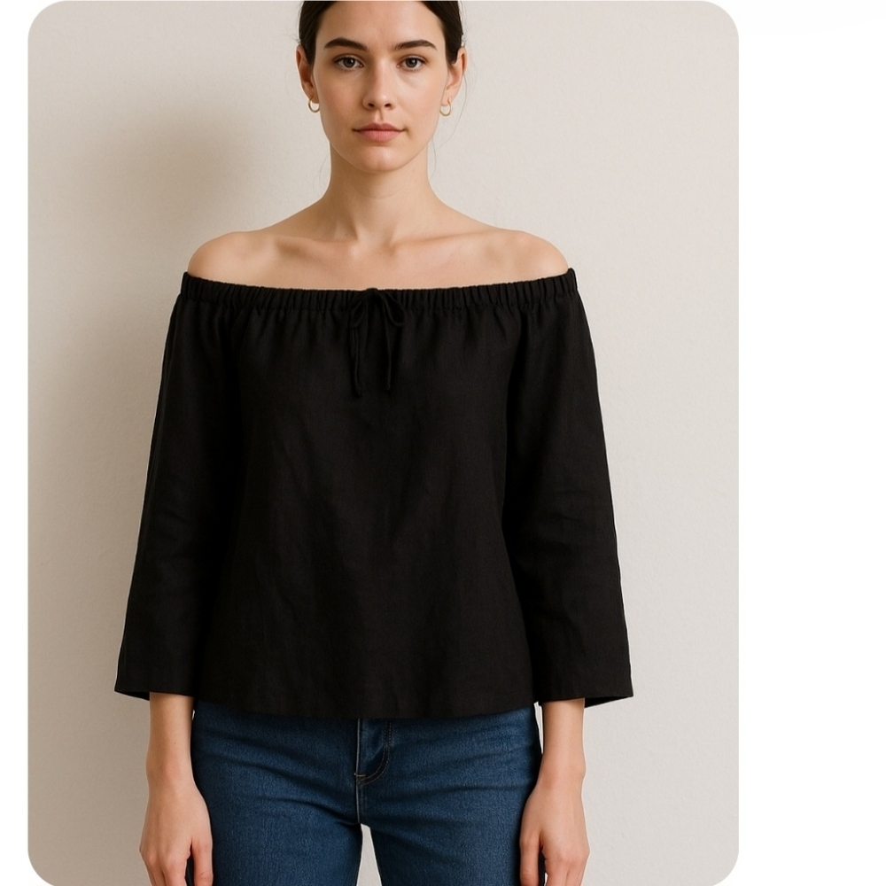 A.P.C. Black Cotton Linen Gathered Peasant Top Size Small